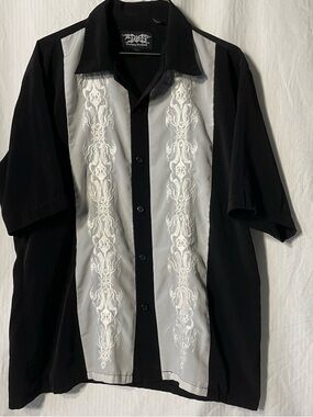 Black & White Embroidered Cuban-Collar Button-Down Shirt